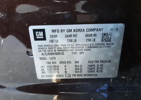 2015 Chevrolet Trax 1Lt z USA, uszkodzony, nr VIN KL7CJRSBXFB095125